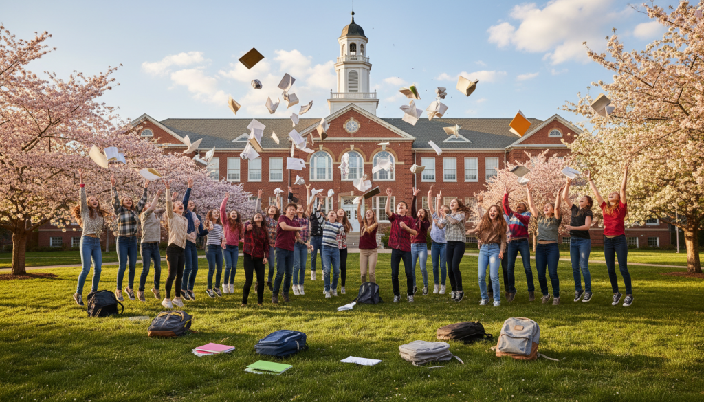 Happy students celebrating last day of school in late May or early June