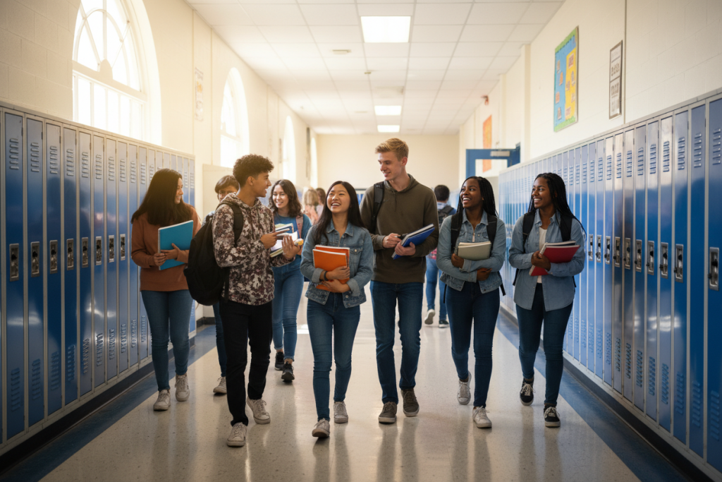 High school exchange students in American school hallway