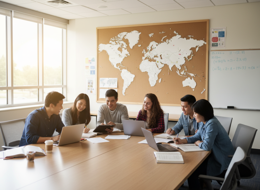 International students studying together in American classroom