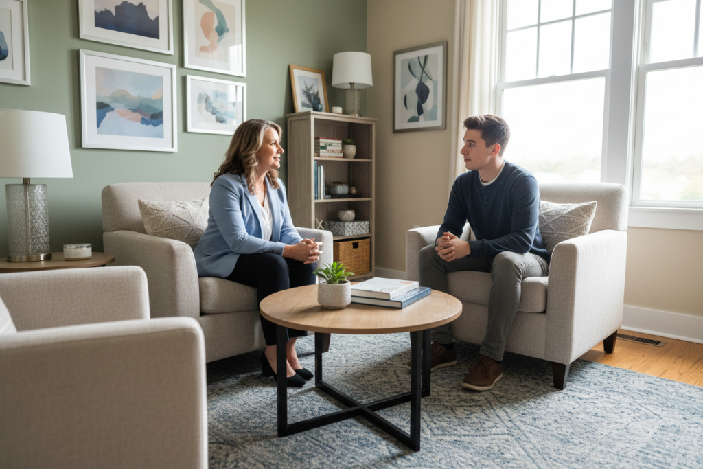 Licensed mental health counselor conducting therapy session in private office