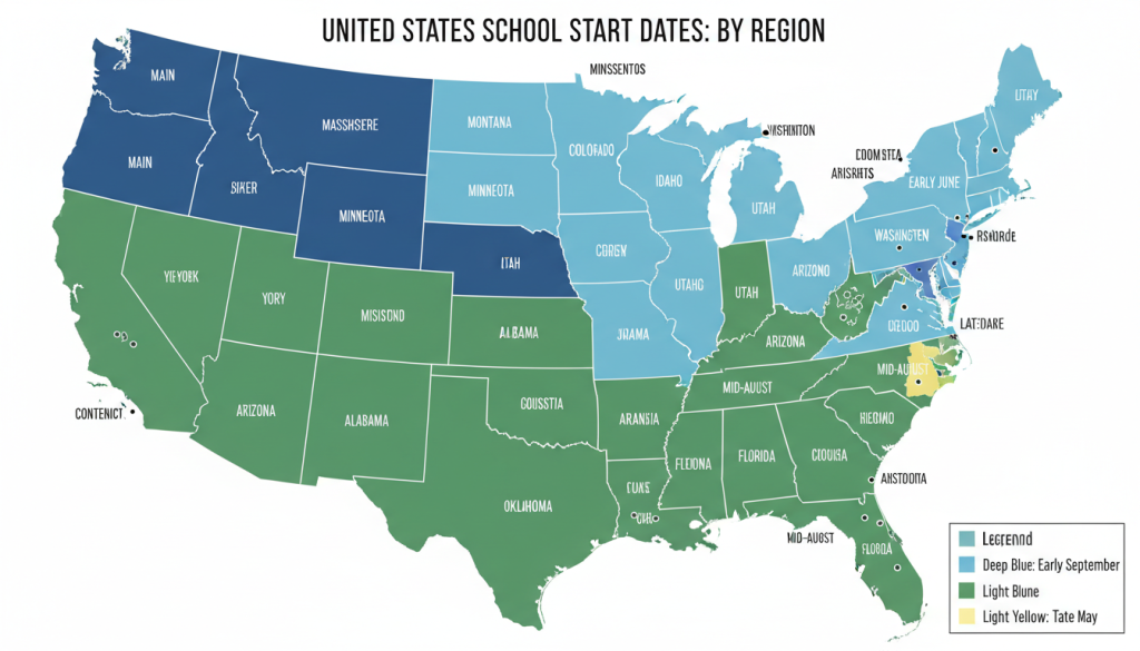 Map of United States showing different school calendar start dates by region
