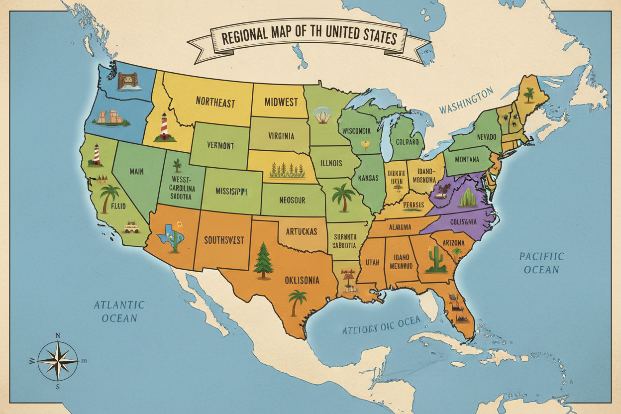 Map of the United States showing major regions and the eastern coastline