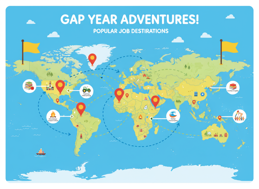 Map of the world with pins marking popular gap year destinations