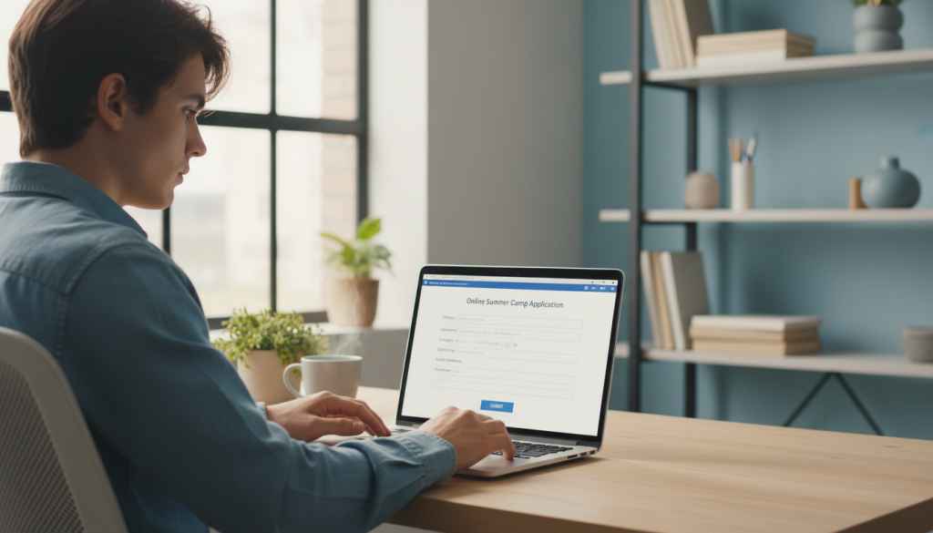 Person completing online summer camp job application on laptop