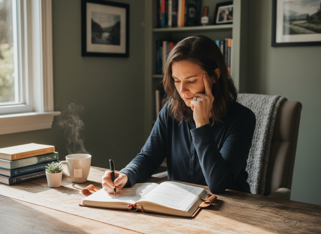 Person writing in journal reflecting on career goals and values