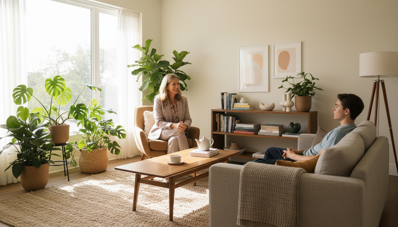 Professional counselor meeting with young person in supportive environment