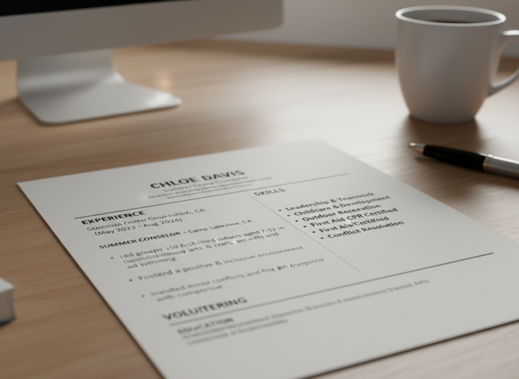 Professional resume highlighting summer camp counselor experience and transferable skills