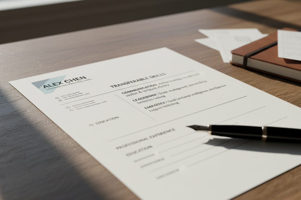 Resume highlighting transferable skills for counseling position