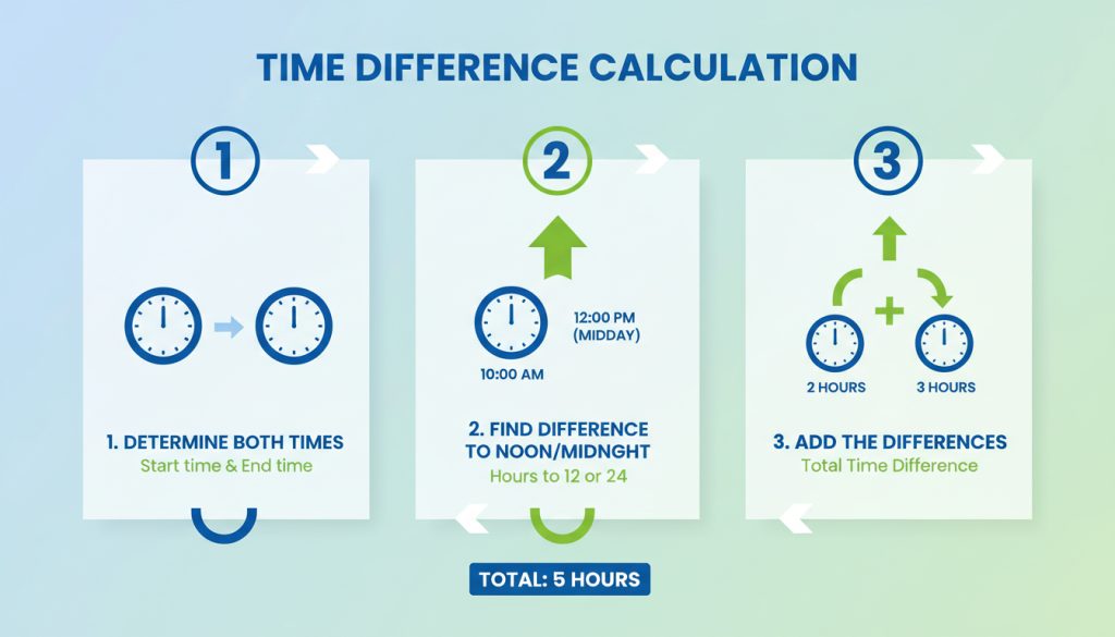 Step-by-step visual guide for calculating time difference between UK and New York