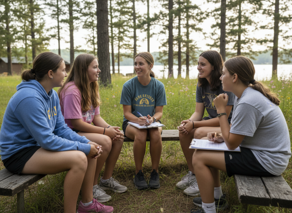 Student counsellor conducting group therapy session with teenagers at camp