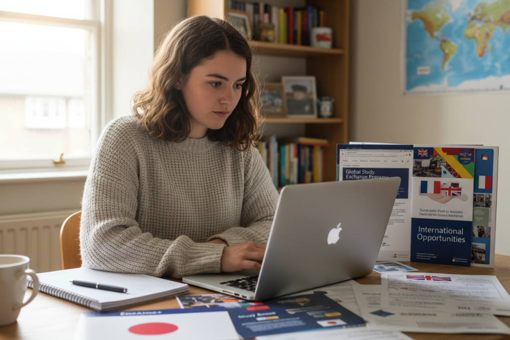 Student researching exchange programs on laptop