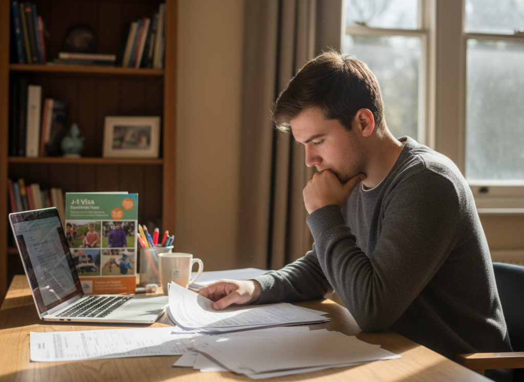 Student reviewing visa application documents at desk