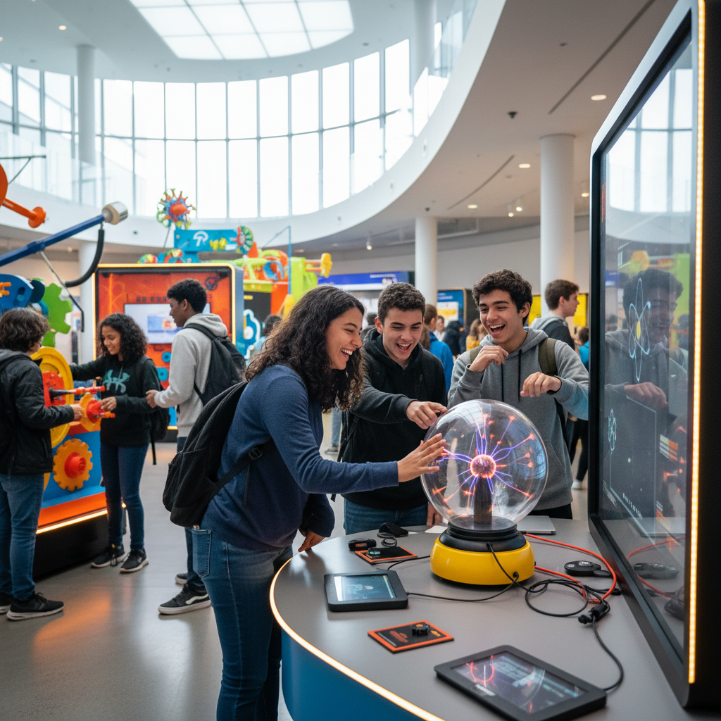 Students exploring interactive science exhibits at museum