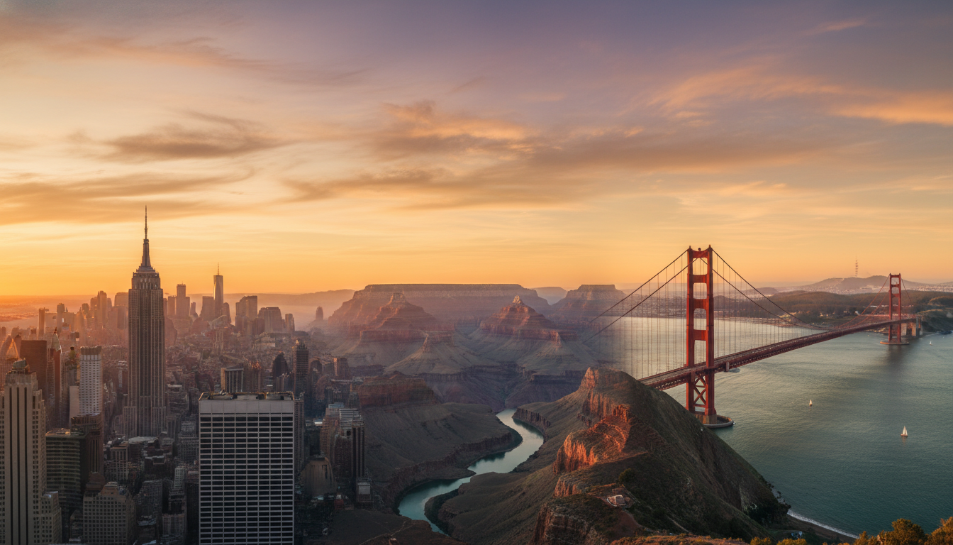 Stunning panoramic view of iconic American landmarks including New York City skyline, Grand Canyon, and Golden Gate Bridge