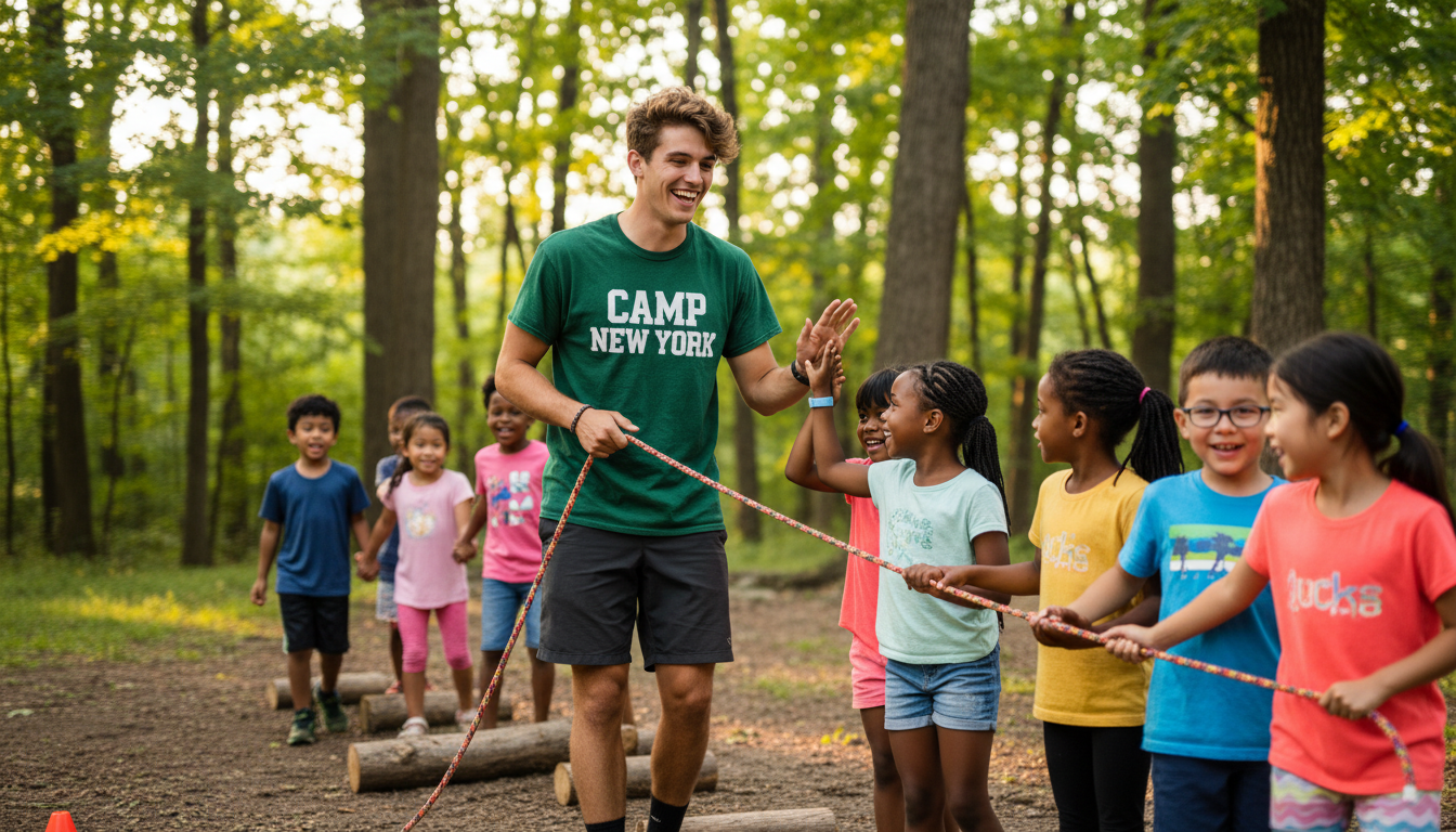 Summer camp counselor leading group activities with children outdoors
