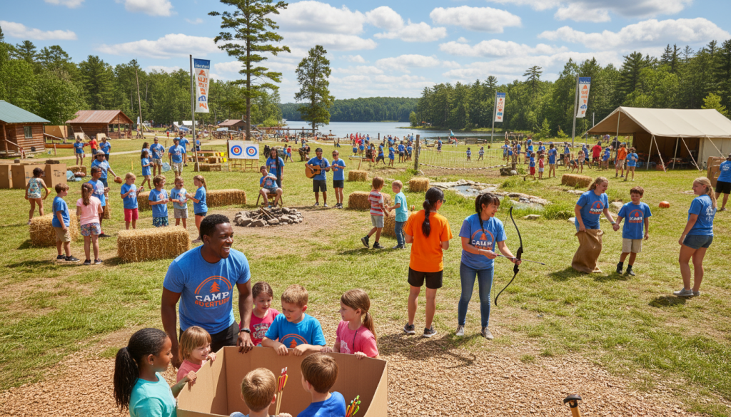 Summer camp counselors leading group activities outdoors with excited campers