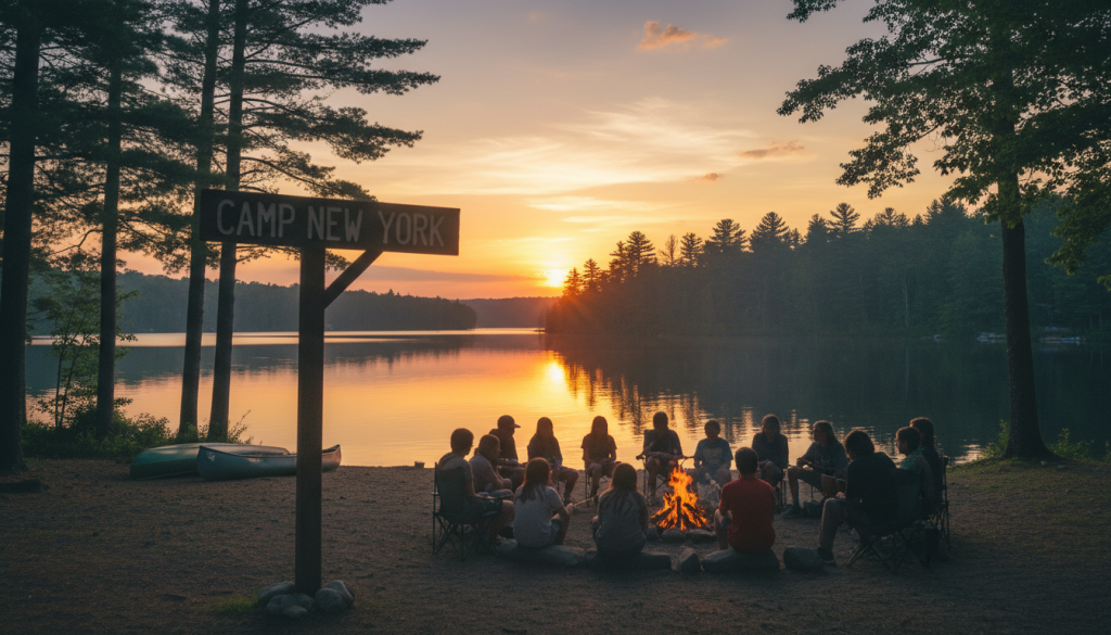 Sunset over Camp New York with happy campers around campfire