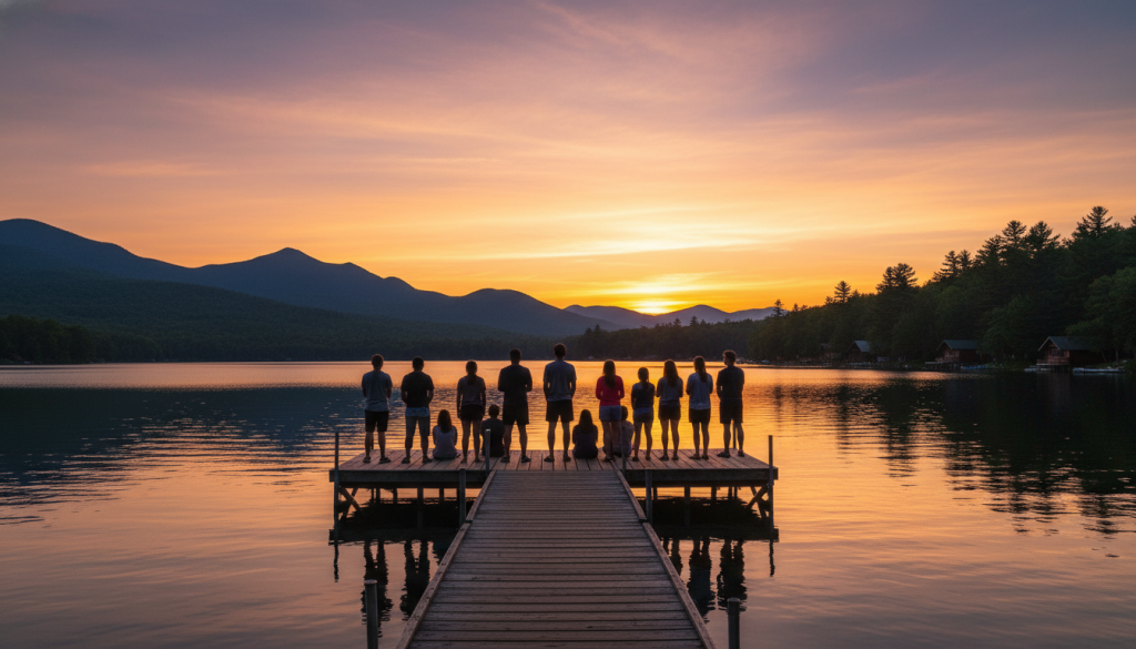 Sunset over camp new york lake with staff silhouettes