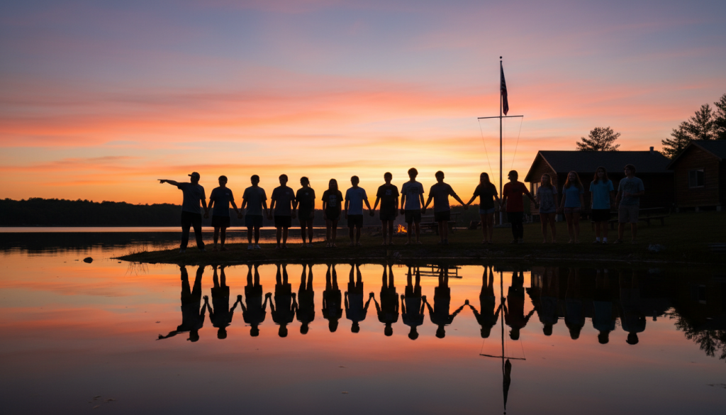 Sunset view over Camp New York with counselors and campers silhouetted against beautiful sky