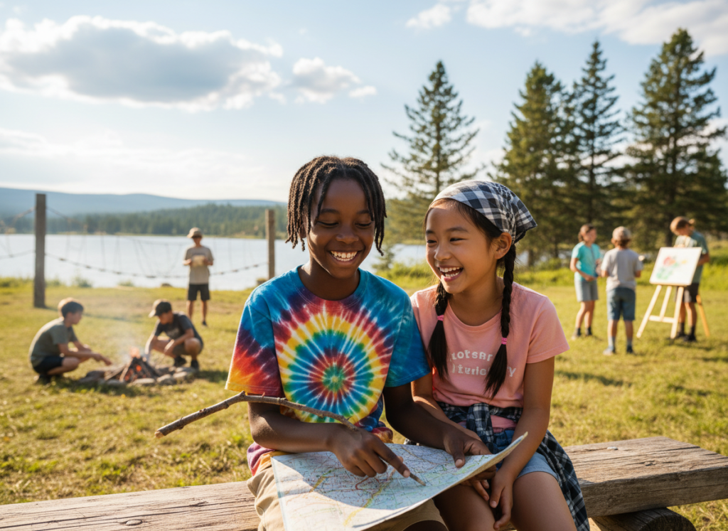 Two campers becoming best friends during summer camp activity