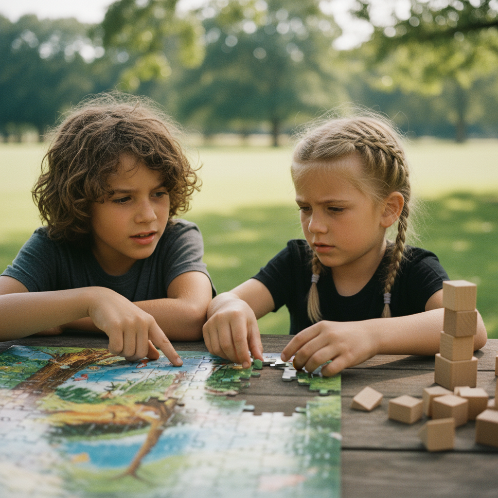 Two campers working together cooperatively on team challenge