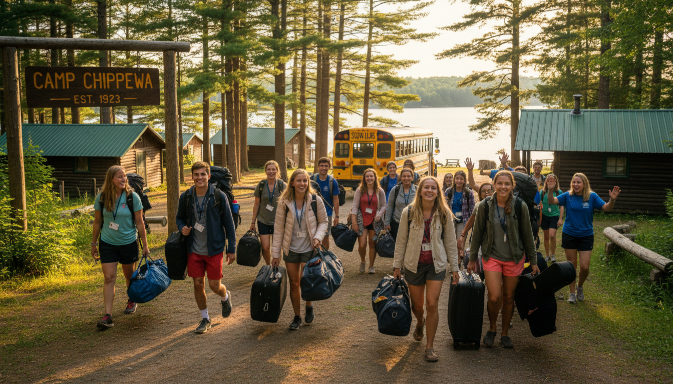 UK students arriving at American summer camp with backpacks and excited expressions