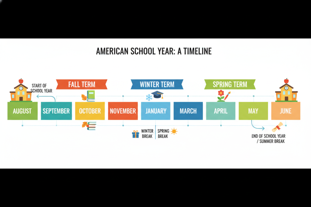 Visual representation of American academic year timeline from August to June