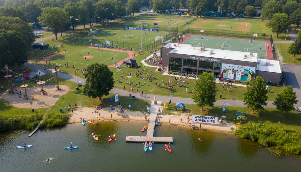 Wide view of Camp New York facility showing multiple activity areas and happy campers
