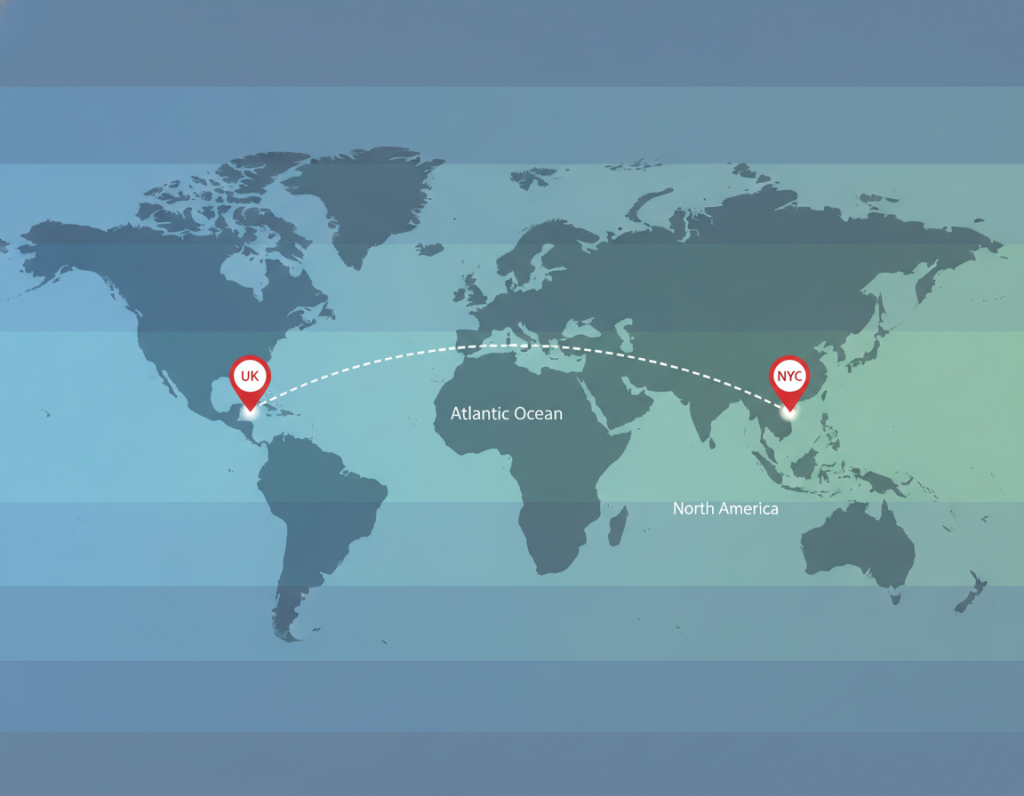 World map highlighting UK and New York time zones with connecting line