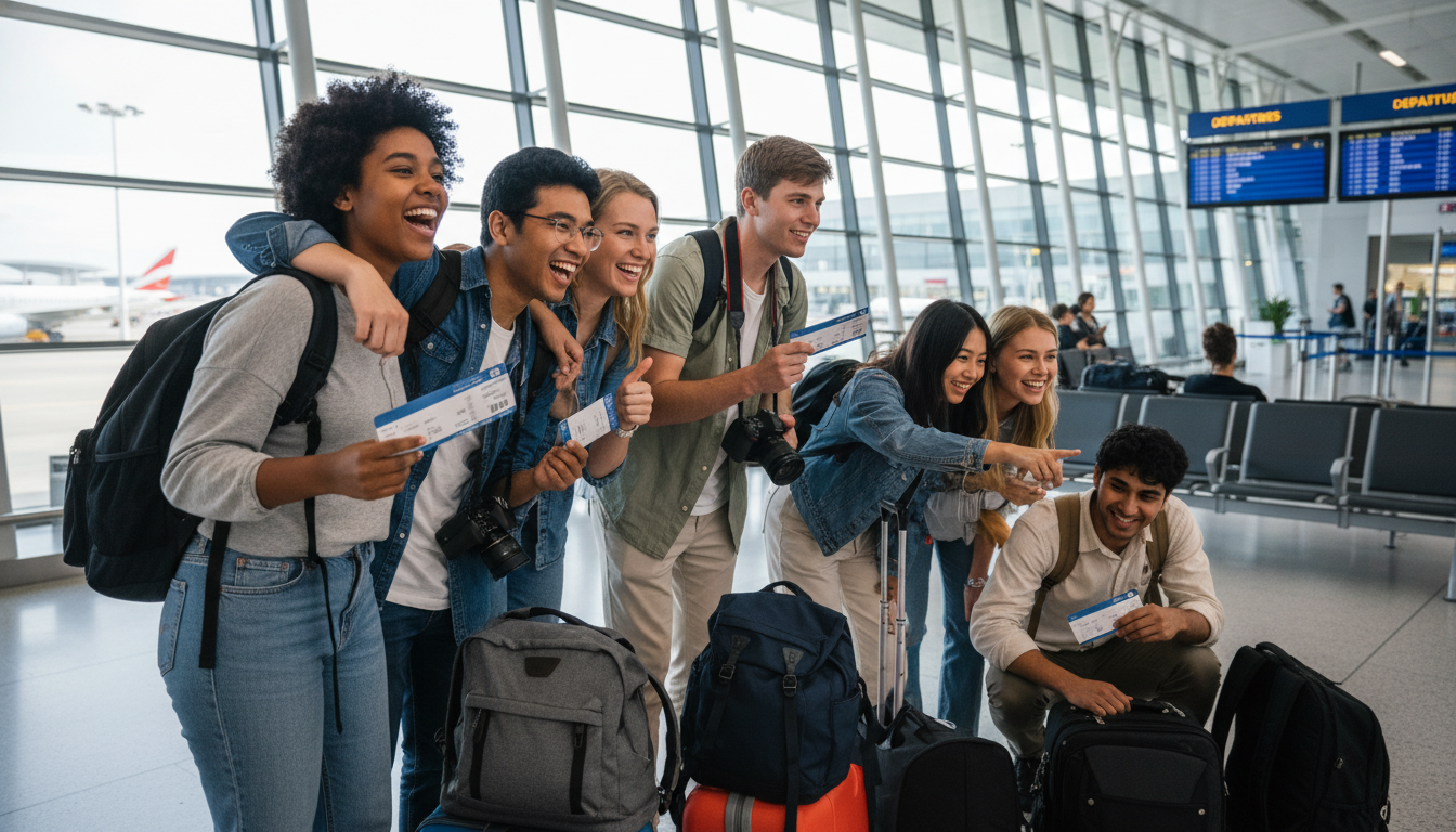 Young adults with backpacks at an international airport departure gate looking excited