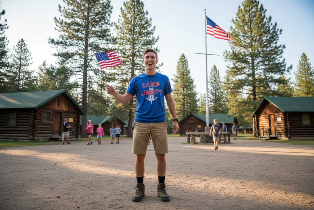 Young camp counsellor with American flag at summer camp