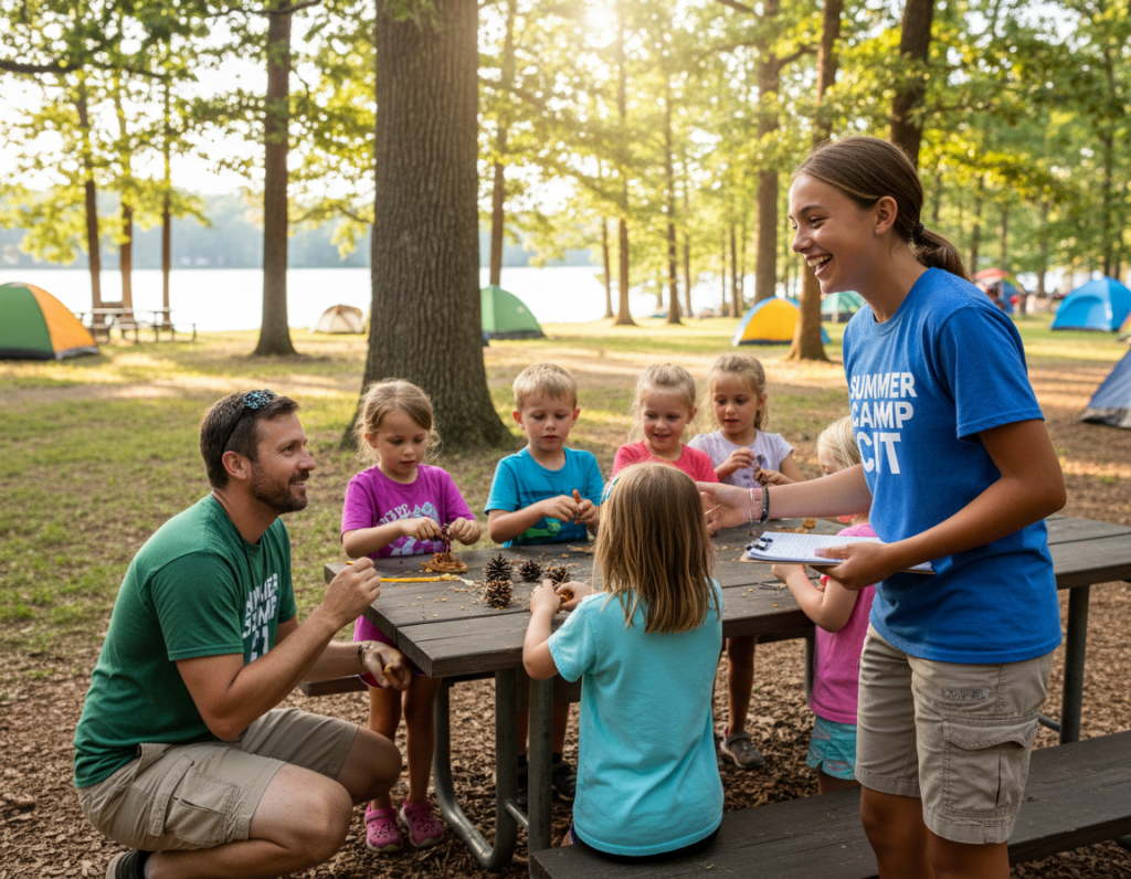 Young counselor in training working alongside experienced camp counselor with campers