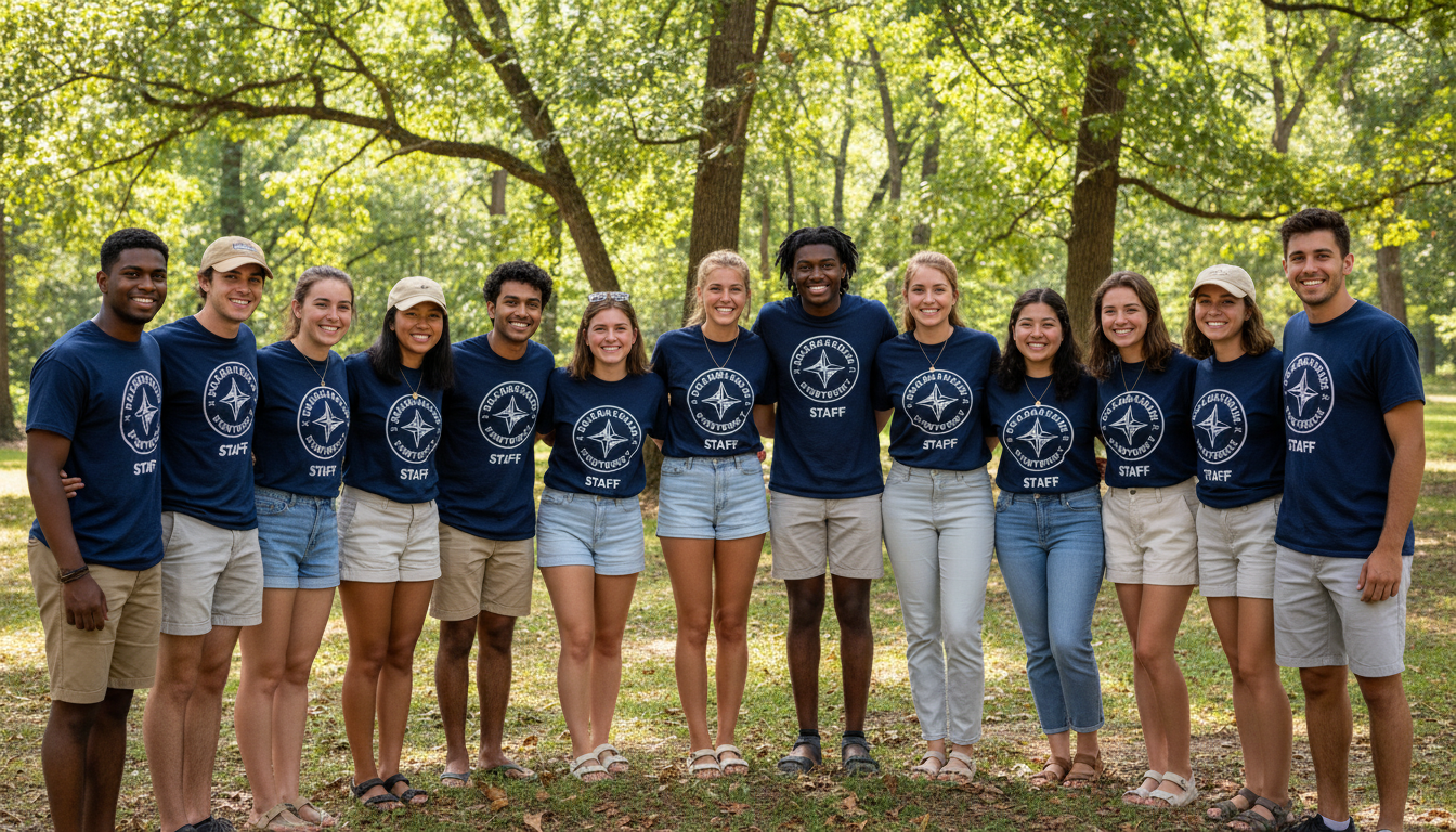 Young diverse adults smiling at summer camp orientation