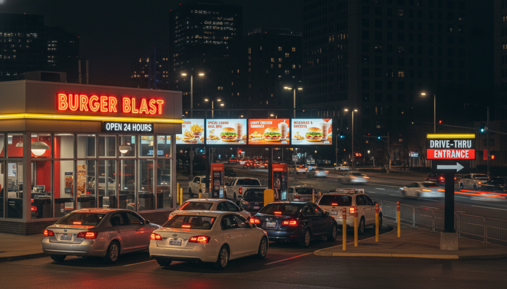 american fast food restaurant drive-through at night