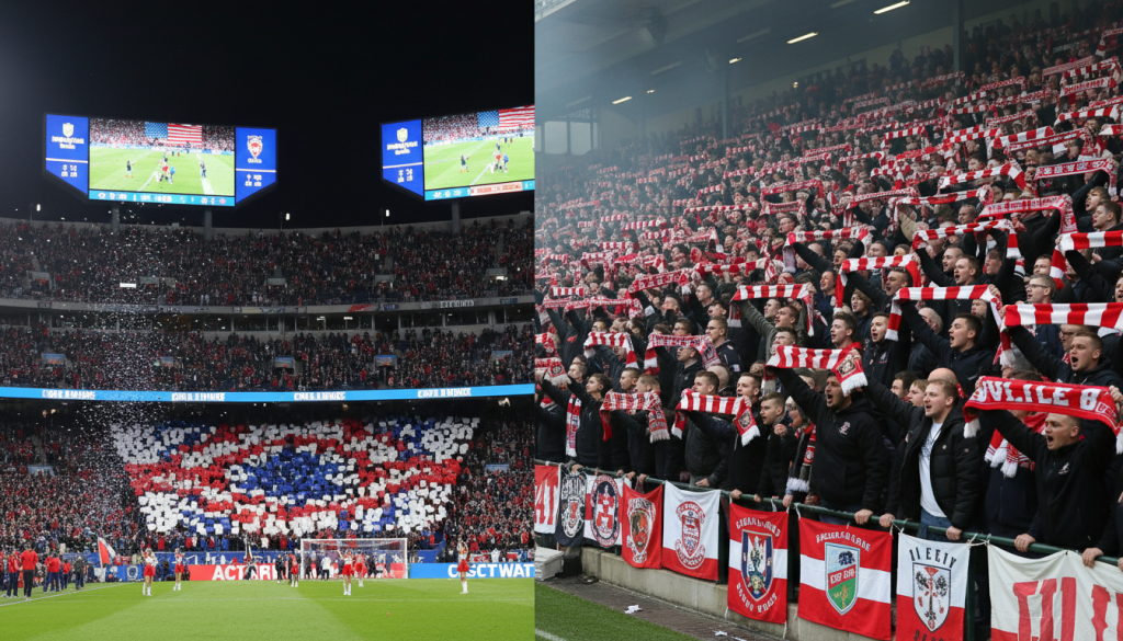 american football stadium packed with fans versus british football supporters