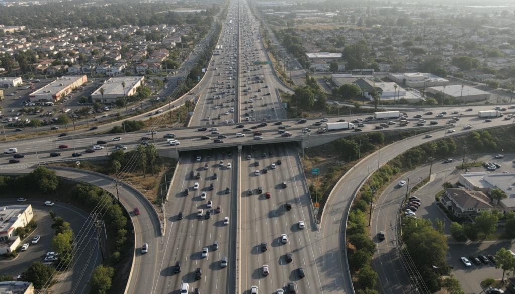 american highway with multiple lanes of traffic versus british motorway