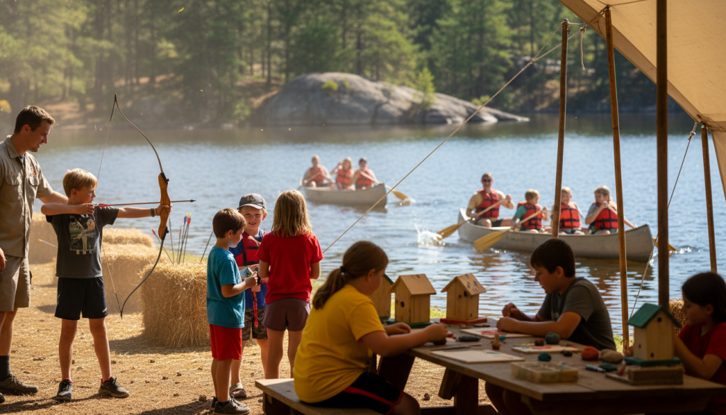 american summer camp activities with kids doing outdoor sports and crafts
