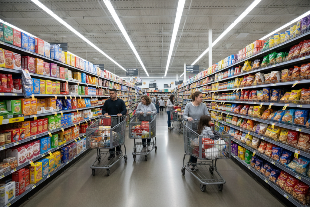 american supermarket aisle with wide variety of products