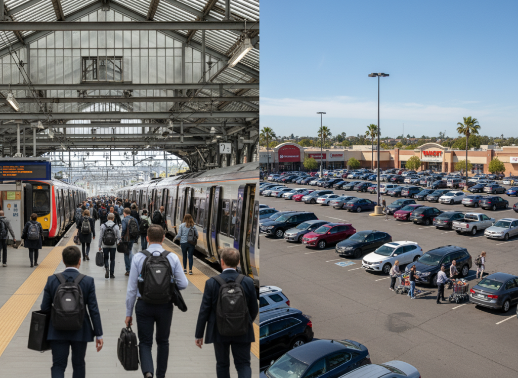 british train station with commuters versus american parking lot