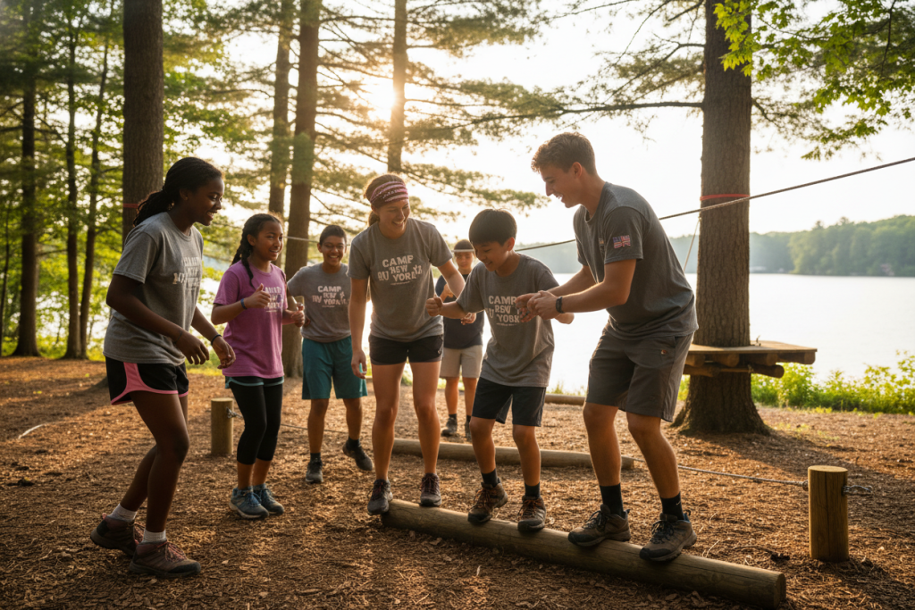 camp counselors from uk and usa working together with participants