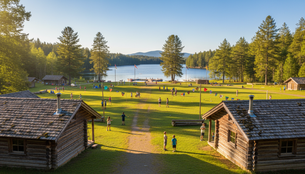 camp new york facilities showing cabins, activities area, and natural landscape