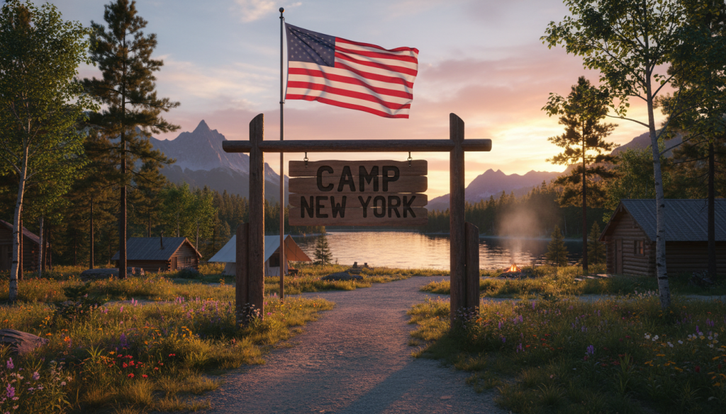 camp new york welcome sign with beautiful natural background