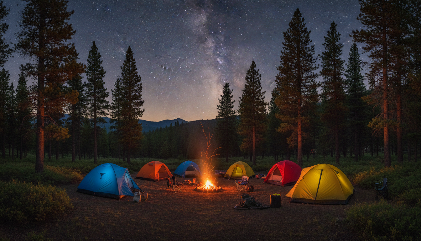 camping américa scenic landscape with tents under starry sky