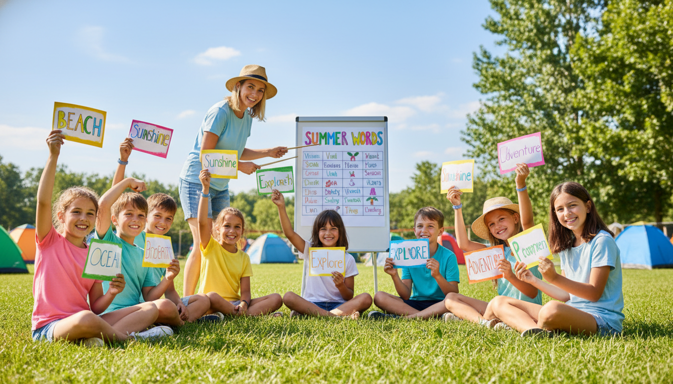 children learning summer season words outdoors at camp