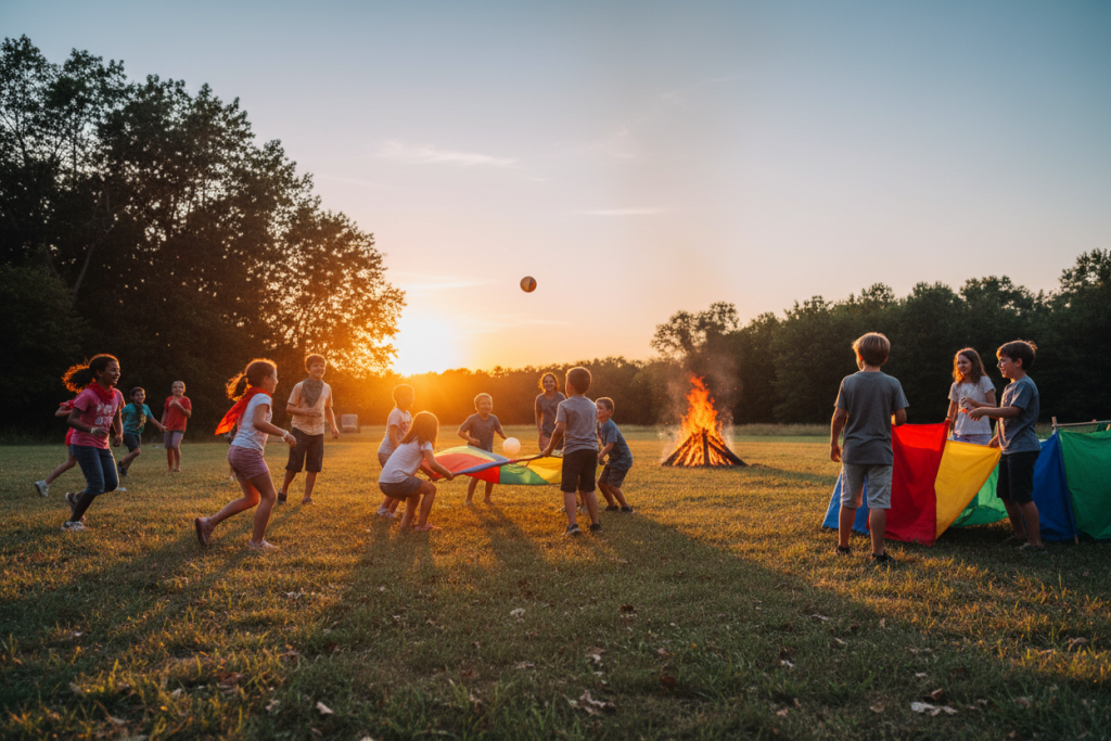 children playing outdoor games during twilight at summer camp