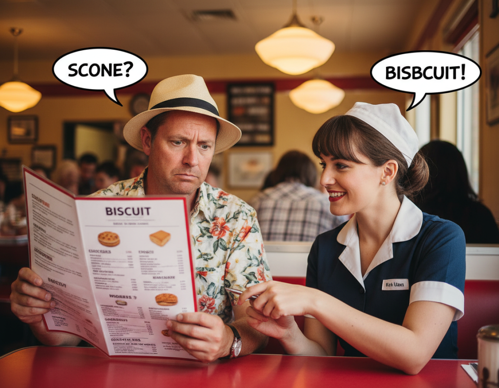 confused british person in american setting with language barrier