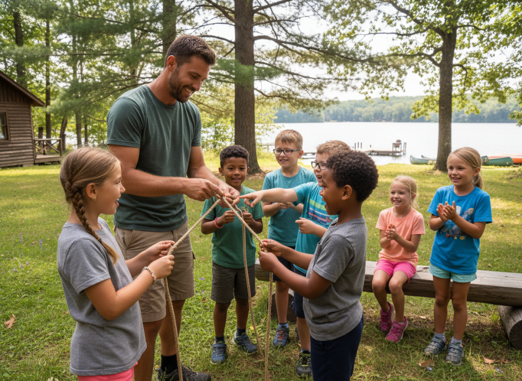 counselor leading outdoor activity with group of children at summer camp