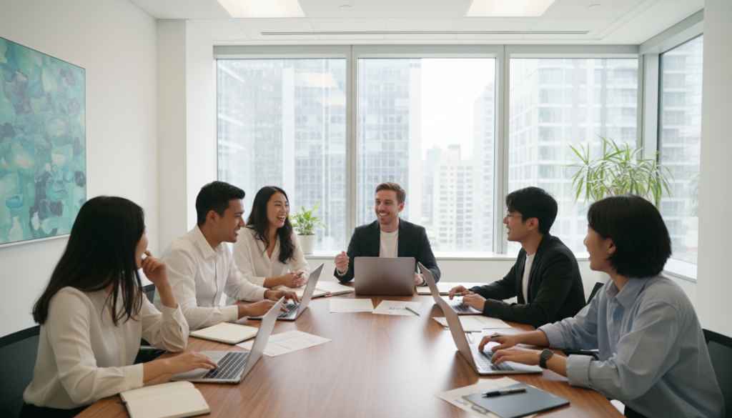 diverse group collaborating on project in modern office space