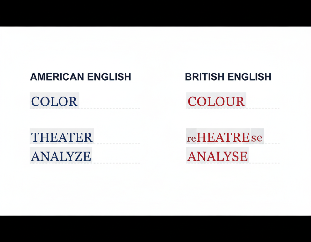 document showing spelling differences between american and british english