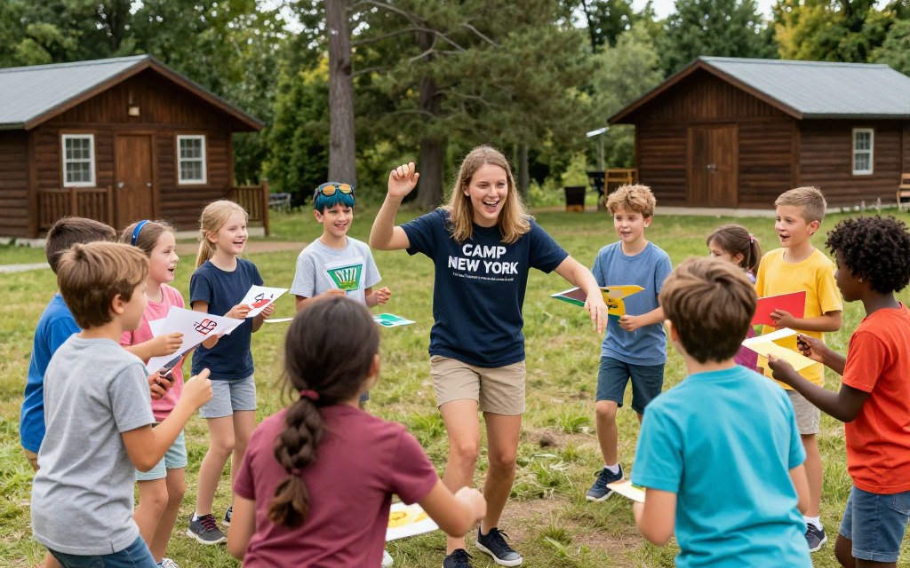 happy Camp New York counselor with camp group doing activity